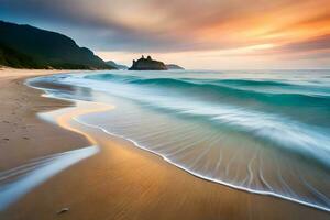 une longue exposition photographier de vagues sur le plage. généré par ai photo