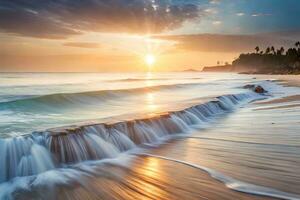 une magnifique le coucher du soleil plus de le océan avec vagues s'écraser dans le rive. généré par ai photo