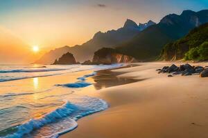 une plage avec rochers et l'eau à le coucher du soleil. généré par ai photo