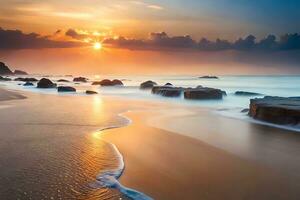 une magnifique le coucher du soleil plus de le océan avec rochers et vagues. généré par ai photo