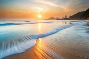 le coucher du soleil sur le plage dans Rio de janeiro, Rio de janeiro. généré par ai photo