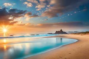 le coucher du soleil sur le plage avec une phare dans le distance. généré par ai photo