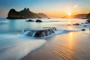 une magnifique le coucher du soleil plus de le océan avec vagues s'écraser dans le rive. généré par ai photo