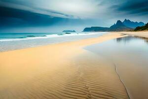 une plage avec le sable et l'eau en dessous de une nuageux ciel. généré par ai photo