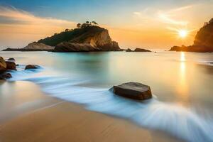 une magnifique le coucher du soleil plus de le océan avec rochers et vagues. généré par ai photo