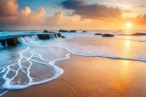 une magnifique le coucher du soleil plus de le océan avec vagues s'écraser dans le sable. généré par ai photo