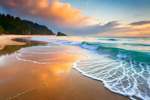 une magnifique plage avec vagues et des arbres à le coucher du soleil. généré par ai photo