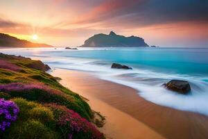 magnifique le coucher du soleil sur le plage avec violet fleurs. généré par ai photo