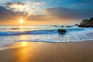le coucher du soleil sur le plage avec vagues et rochers. généré par ai photo