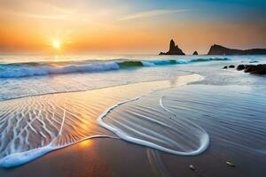 une magnifique le coucher du soleil sur le plage avec vagues. généré par ai photo