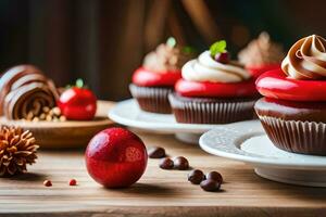 nombreuses petits gâteaux avec rouge glaçage et Chocolat puces. généré par ai photo