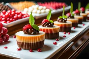 une buffet avec petits gâteaux et autre desserts. généré par ai photo