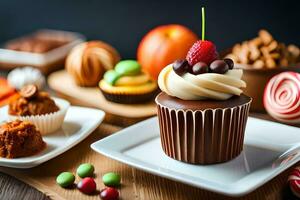 une petit gâteau avec Chocolat Glaçage et bonbons sur une plaque. généré par ai photo