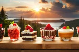 divers desserts dans des lunettes sur une table avec le Soleil paramètre. généré par ai photo