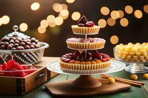 divers desserts sur une table avec lumières dans le Contexte. généré par ai photo