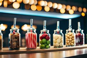 une rangée de pots rempli avec bonbons et autre bonbons. généré par ai photo