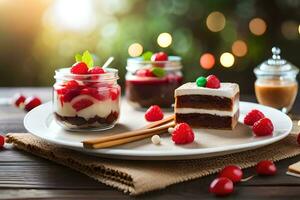 Noël dessert avec framboises et gâteau sur une plaque. généré par ai photo