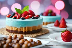 une gâteau avec baies et Chocolat sur une plaque. généré par ai photo