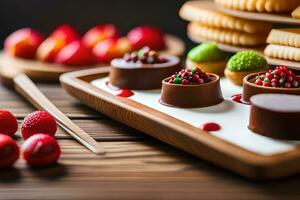 Chocolat desserts sur une en bois plateau avec des fraises. généré par ai photo