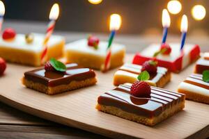 anniversaire Gâteaux avec bougies sur une en bois plateau. généré par ai photo