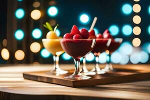 Trois des lunettes de fruit jus sur une en bois plateau. généré par ai photo