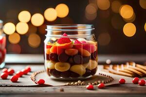 une pot rempli avec fruit et bonbons sur une en bois tableau. généré par ai photo