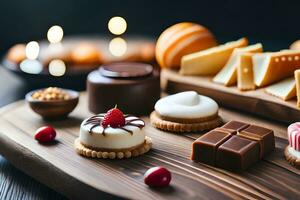 divers les types de desserts sur une en bois plateau. généré par ai photo