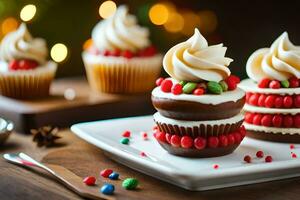 Trois petits gâteaux avec Glaçage sur une blanc plaque. généré par ai photo