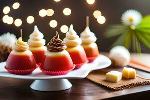 une assiette avec nombreuses rouge et blanc desserts. généré par ai photo