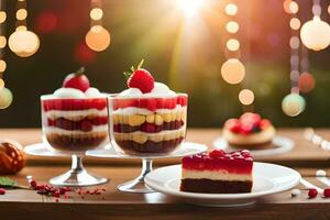 Trois desserts sont sur une table avec lumières derrière eux. généré par ai photo