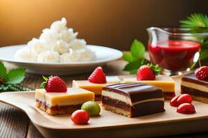 une en bois plateau avec divers desserts et fruit. généré par ai photo