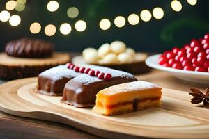 Noël desserts sur en bois table avec Noël lumières. généré par ai photo