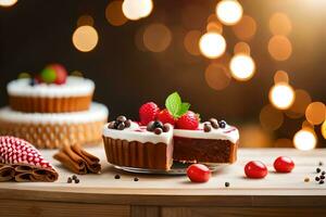 une Chocolat gâteau avec baies et cannelle sur une en bois tableau. généré par ai photo