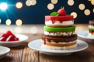 Trois différent desserts sur blanc assiettes. généré par ai photo