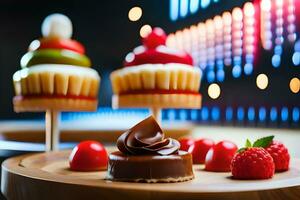 une dessert sur une en bois assiette avec Chocolat et framboises. généré par ai photo