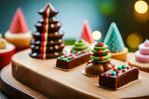 Noël Gâteaux et petits gâteaux sur une en bois plateau. généré par ai photo