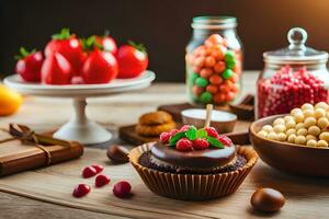 une table avec divers desserts et des sucreries. généré par ai photo