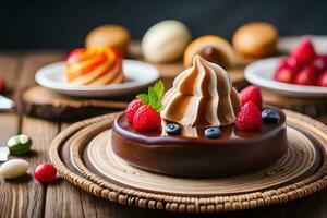 une Chocolat gâteau avec baies et autre desserts. généré par ai photo