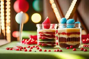 deux pots de dessert avec bonbons et des ballons. généré par ai photo