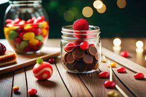 une pot de bonbons et une verre de lait. généré par ai photo