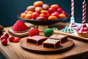 Noël desserts sur une en bois tableau. généré par ai photo