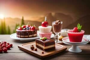 divers desserts sur une en bois table avec montagnes dans le Contexte. généré par ai photo