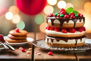 une gâteau avec Chocolat Glaçage et baies sur une plaque. généré par ai photo