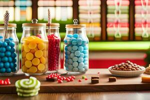 bonbons dans pots sur une tableau. généré par ai photo