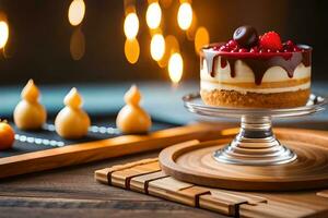 une dessert sur une en bois table avec bougies. généré par ai photo