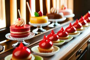 une longue table avec beaucoup différent les types de Gâteaux. généré par ai photo