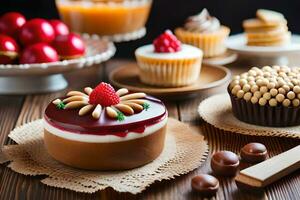 divers Gâteaux et desserts sur une en bois tableau. généré par ai photo