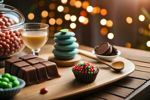une table avec chocolat, des sucreries et autre bonbons. généré par ai photo