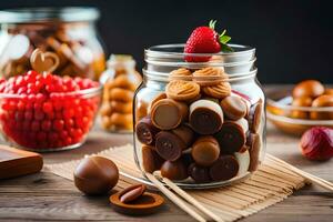 une pot rempli avec Chocolat et des sucreries sur une tableau. généré par ai photo