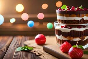 Trois dessert plateaux avec des fraises et Chocolat. généré par ai photo